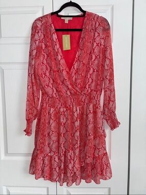 Michael Kors Coral/White Snake-Print Long Sleeve Wrap Dress
